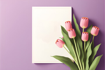 bouquet of tulips and empty card for writing, Mock up, mother's Day themed background 