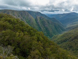 Aerial photograph from the Kanangra Boyd Lookout of the Kanangra Deep valley in the Blue Mountains in New South Wales in Australia