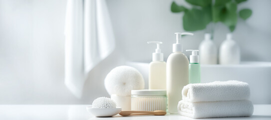 Fototapeta na wymiar Toiletries, soap, towel on blurred white bathroom spa background. with copy space. digital art
