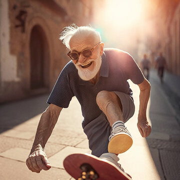 Fidele Senioren auf dem Skateboard mit gro&szlig;er Lebensfreude