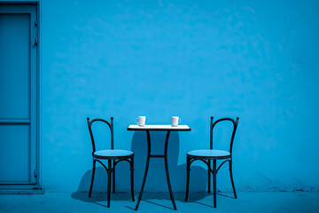 Empty Chairs And Table Against Blue Wall, Empty, Chairs, Table, Blue Wall, Interior, Minimal, generative, ai, Contemporary, Space, Room, Decoration, Furniture, caffe
