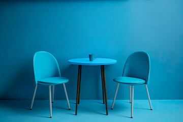 Empty Chairs And Table Against Blue Wall, Empty, Chairs, Table, Blue Wall, Interior, Minimal, generative, ai, Contemporary, Space, Room, Decoration, Furniture, caffe