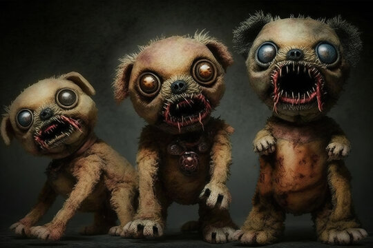 Frightening zombie dogs teddy bears, created with Generative AI technology