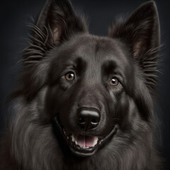 Black groenedale sheepdog studio portrait with ravishing hyper realistic detail on black isolated background. Calm and happy domestic pet with black long fur closeup by Generative AI.