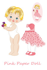 Paper doll with elegant pink wedding dress to cut out