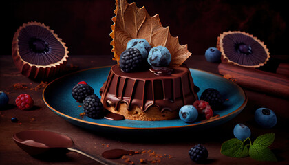 Chocolate Cake with Colorful Fruits on Table Dark Theme Background Generative AI