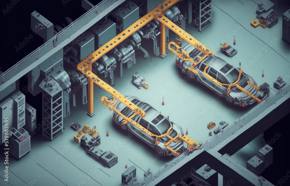 Aufkleber top view car factory with automated robot arm assembly line manufacturing . sublime generative ai im