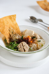 bakso malang is a traditional food Indonesia made from meatball, tofu, fried dumpings, rice noodle and beef soup