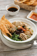 bakso malang is a traditional food Indonesia made from meatball, tofu, fried dumpings, rice noodle and beef soup