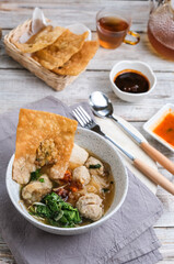 bakso malang is a traditional food Indonesia made from meatball, tofu, fried dumpings, rice noodle and beef soup