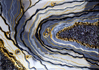 Abstract Black and Blue agate background with golden veins, fake painted artificial stone, marble texture, luxurious marbled surface, digital marbling Illustration