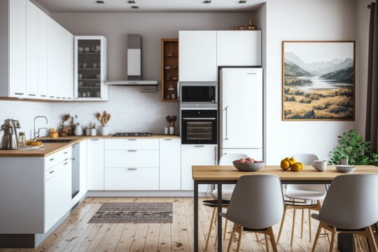 A clean white kitchen with sleek design and spaciousness can provide a welcoming and refreshing space for cooking, dining, and entertaining, generative ai