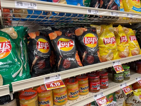Grocery store lays chips and dips section