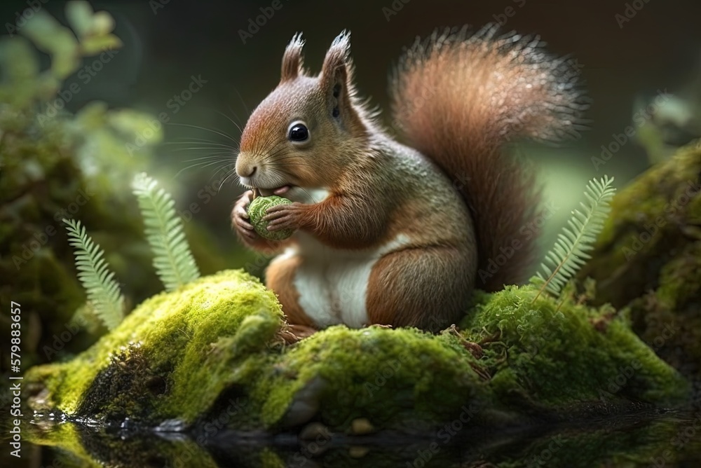 Poster scarlet squirrel (sciurus vulgaris) of eurasia munching on a hazelnut while perched on some moss. ge