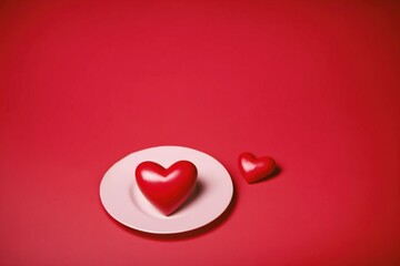 Two red hearts on a white dish on a red background, love concept