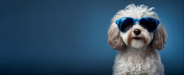 Funny dog with sunglasses on a blue background. Copy space. Generative AI