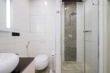 Bathroom interior with shower cabin and white toilet