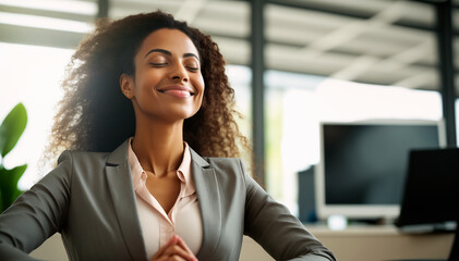 Relaxed and smiling business woman meditating in the office. Generative AI