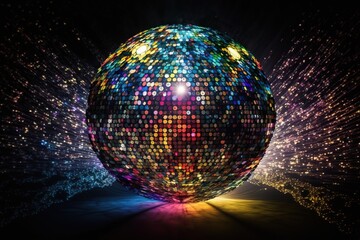 Fototapeta premium A massive disco ball made of multicolored gemstones hovering over a dance floor at a music festival, concept of Music Festival and Colorful, created with Generative AI technology