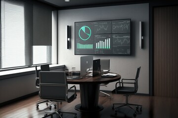 A modern conference room with a sleek table chairs and projector displaying financial data and charts on a large screen, concept of Technology and Collaboration, created with Generative AI technology