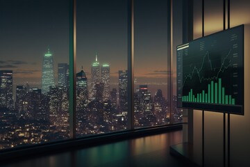 A view of a modern office building at night with the city skyline in the background and a stock market chart, concept of Urban Landscape and Financial Markets, created with Generative AI technology