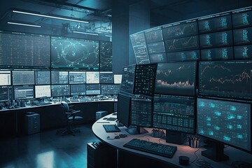 Bustling trading floor with multiple monitors displaying real - time financial data and stock market, concept of Real-Time Analysis and High-Frequency Trading, created with Generative AI technology - obrazy, fototapety, plakaty