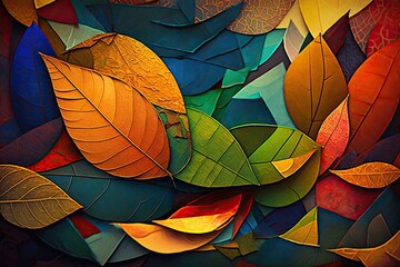 Abstract composition of a pile of autumn leaves with the varied colors and textures, concept of Vibrant Color Palette and Harmonious Balance, created with Generative AI technology