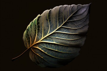 Artistic composition of a single leaf on a black background with dramatic lighting emphasizing the intricate details and veins, concept of  Minimalism, created with Generative AI technology