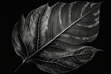 Artistic composition of a single leaf on a black background with dramatic lighting emphasizing the intricate details and veins, concept of Minimalism, created with Generative AI technology