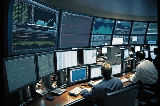 Bustling trading floor with multiple monitors displaying real - time financial data and stock market, concept of Real-Time Analysis and High-Frequency Trading, created with Generative AI technology