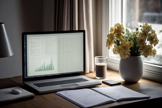 Minimalist workspace with a notebook and pencil surrounded by charts and graphs displaying data, concept of Organizational Efficiency and Financial Analysis, created with Generative AI technology