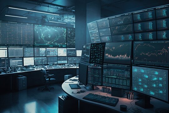 Bustling trading floor with multiple monitors displaying real - time financial data and stock market, concept of Real-Time Analysis and High-Frequency Trading, created with Generative AI technology
