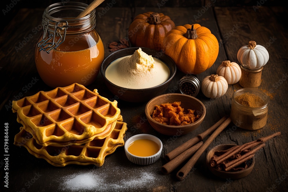 Poster a closeup of pumpkin waffle components sitting on a table generative ai