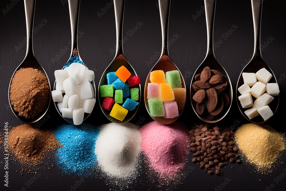 Poster sugar in many spoons on a table in closeup generative ai
