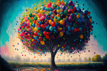 Colourful illustration of fantastical tree full of brightly coloured balloons 