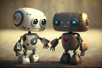 Fototapeta premium Verliebte Roboter - Herz verschenken zum Valentinstag oder als Grußkarte für verliebte Nerds. Generativ KI
