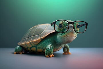 3D Cartoon Schildkröte mit Brille im Studio mit grüner Leinwand. Schlaue Schildkröte posiert vor der Kamera. Menschliche Tiere