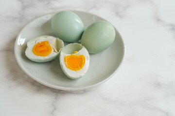 Salted boiled eggs on a plate