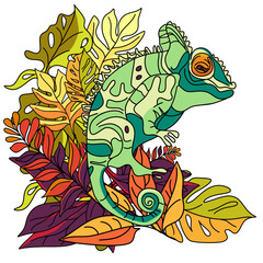 Chameleon in tropical leaves vector illustration 