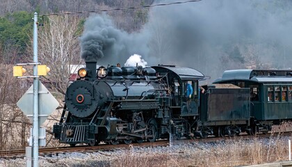 View of a Narrow Gauge Restored Steam Passenger Train Blowing Smoke and Traveling Thru Farmlands on a Winter Day