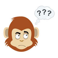vector illustration face of a cartoon monkey with a thinking expression or doubt, with a cloud of thinking with question marks
