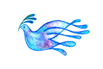 Dove with olive branch watercolor pencils drawing transparent png. Peace symbol.