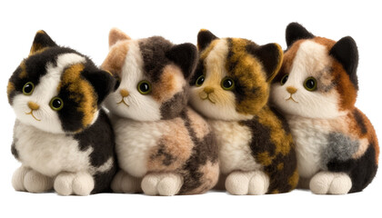 a plush toy-themed photographic illustration featuring an isolated group of adorable tiny kitty cats with cute eyes set on a transparent background in PNG. Generative AI