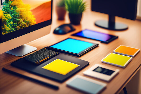 ilustraci&oacute;n de moderna Oficina y escritorio con objetos y detalles que representan el trabajo de dise&ntilde;adores, dise&ntilde;adores gr&aacute;ficos. creativos. generado con IA