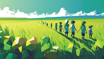 People on grass field on sunny day in low polygon style