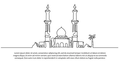 Mosque continuous line design. Islamic architectural design concept. Celebration of Ramadan, Eid al-Fitr Eid al-Adha and Islamic New Year. Decorative elements drawn on a white background.