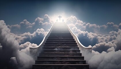 Himmelfahrt und die Himmelstreppe mit einem leuchtenden Kreuz. Die Treppen zum Himmel zu Jesus und Gott in das Paradies. Generativ KI