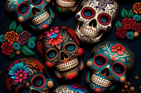 Hispanic heritage sugar skull marigold Festive dia de los muertos background. Colorful sugar skull, Day of the Dead. Generative AI