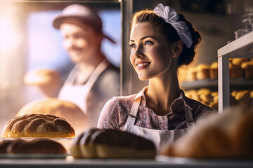 smiling woman baker at the sales counter of local bakery