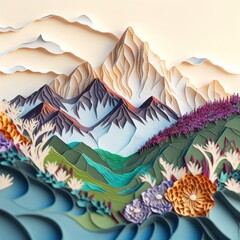 A papercut scenario of a mountain landscape with a nature background can add texture and depth to your art collection, GENERATIVE AI